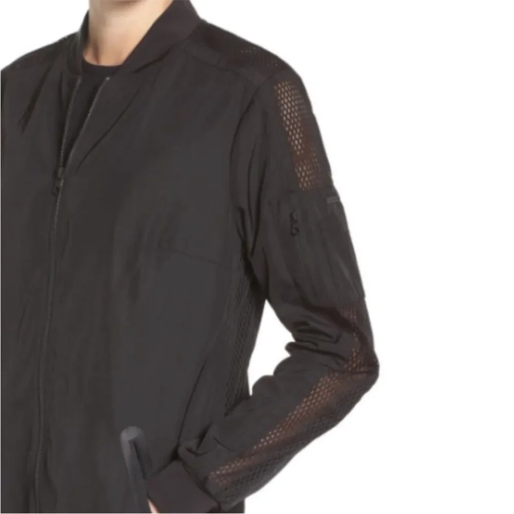Blank Noir Mesh Panel Long Nylon Bomber Style Jacket in Black, Size S